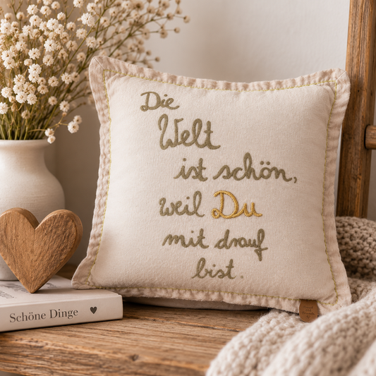 Mini-Kissen „Die Welt ist schön, weil Du mit drauf bist“ von Good old friends