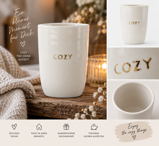 Becher Tasse L „COZY“ in Weiß mit Golddetail