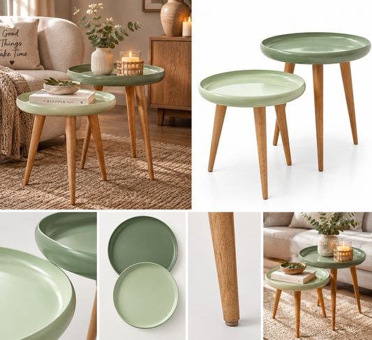 Boltze Home 2er Beistelltisch-Set – Grün mit Holzbeinen