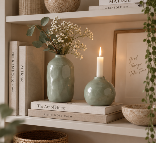 Boltze Home Deko-Set Vase & Kerzenhalter – Salbeigrün, 2-teilig
