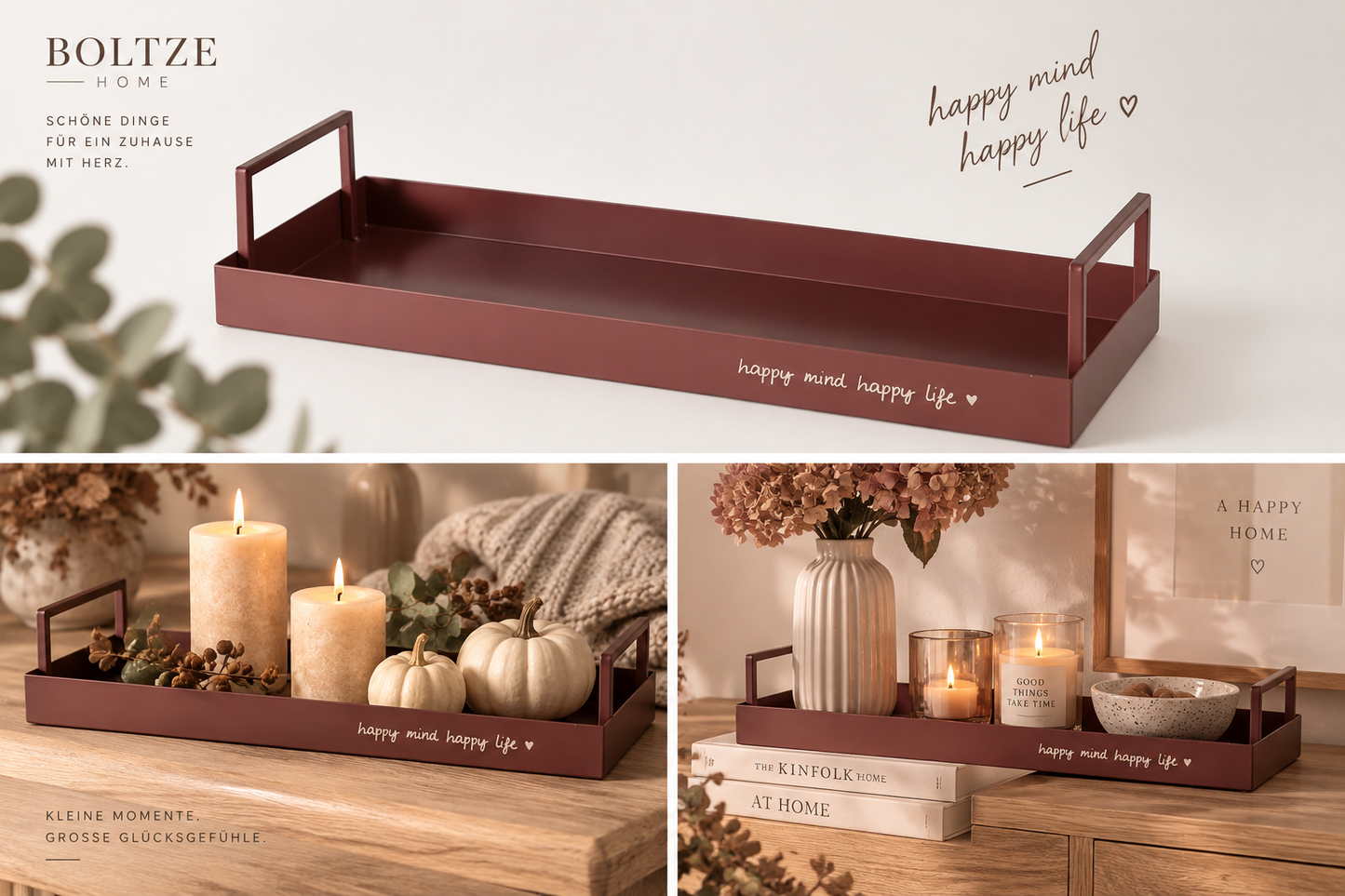 Boltze Home Metalltablett „Happy Mind Happy Life“ – Bordeaux