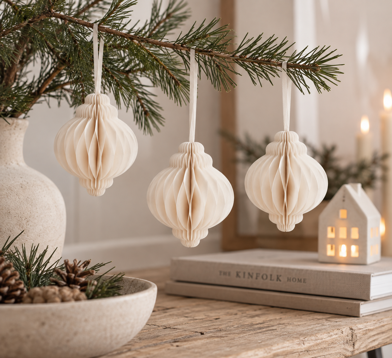 Eulenschnitt Papieranhänger Weihnachtskugel – 3er-Set | Natur