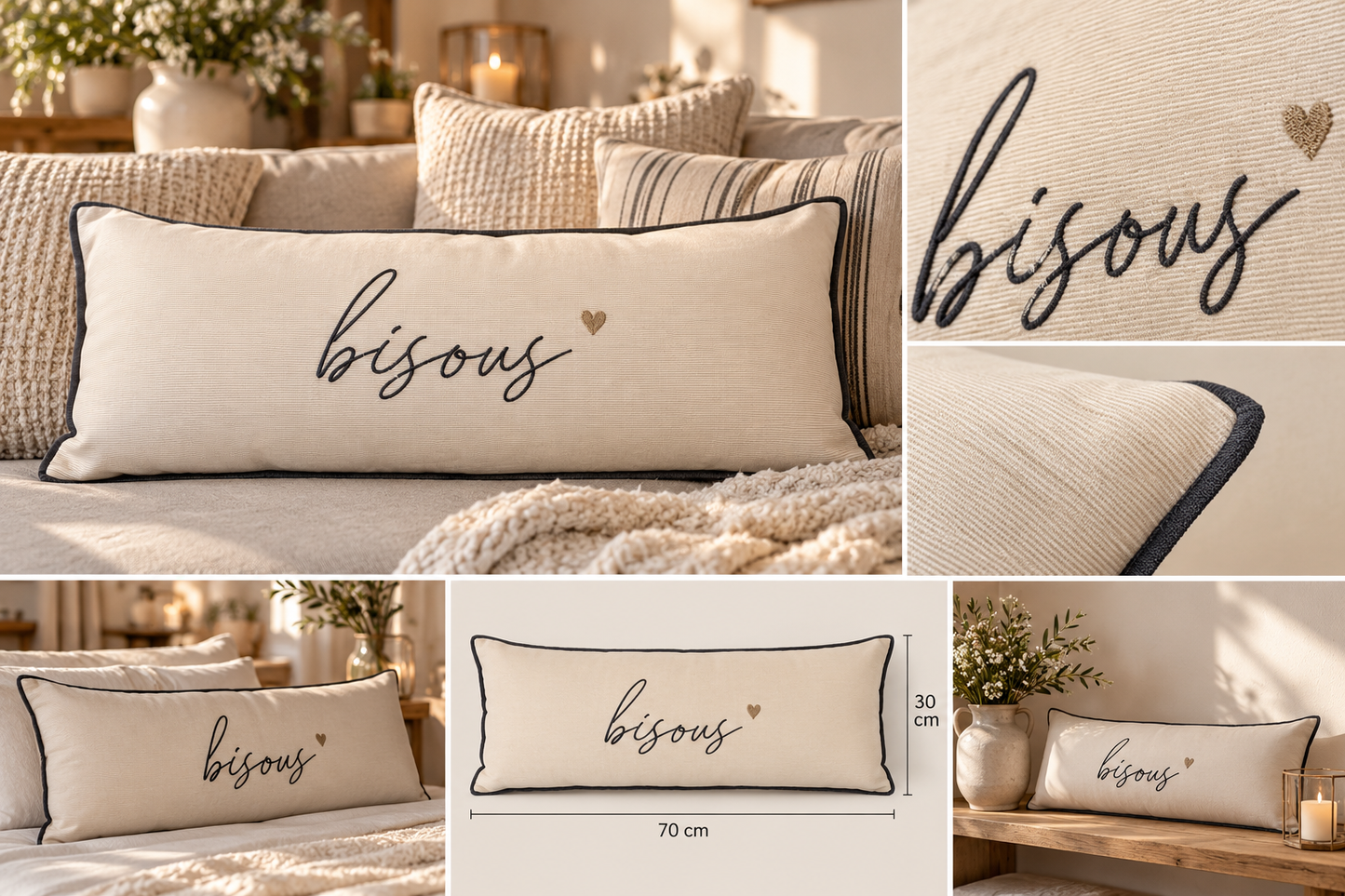 Bastion Collections Dekokissen Bisous gestreift 70 × 30 cm – Creme