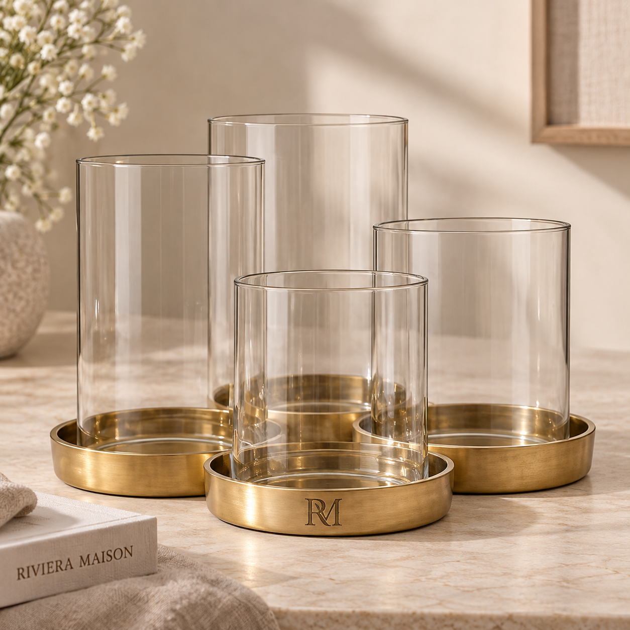 Riviera Maison Windlicht mit Glas & goldfarbenem Fuß
