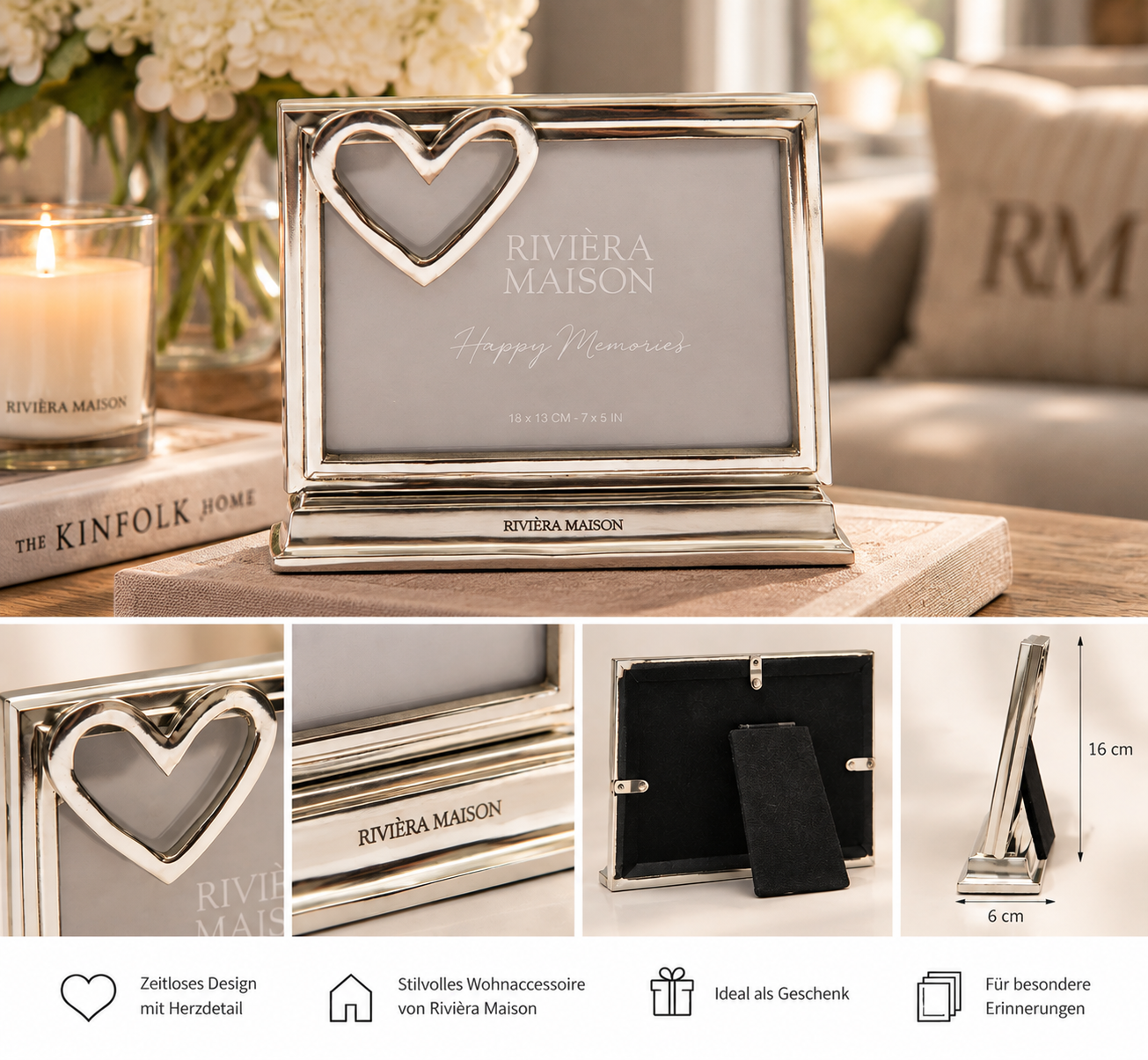 Rivièra Maison Bilderrahmen „Happy Memories“ mit Herz – 18 × 13 cm