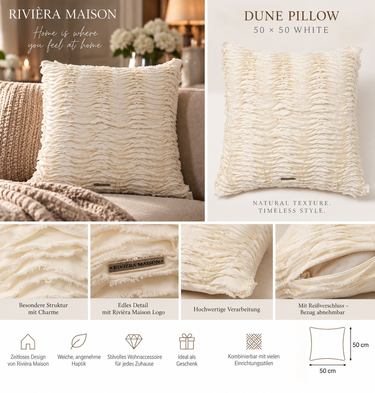 Rivièra Maison Dune Pillow 50 × 50 cm – White