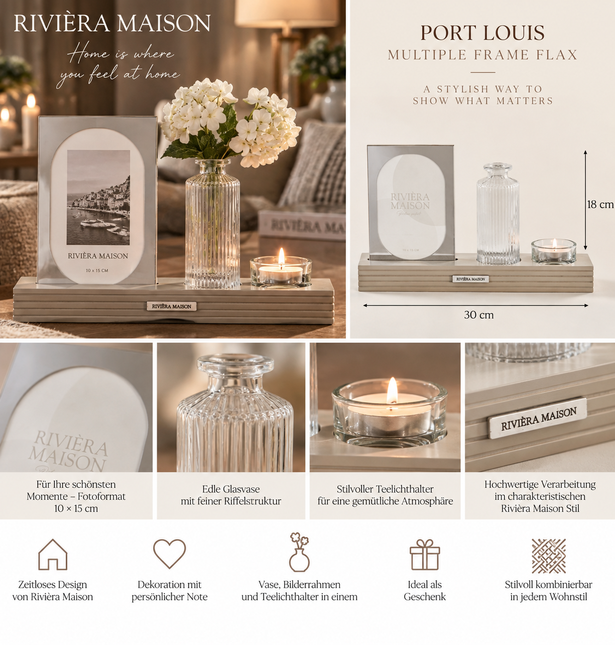 Rivièra Maison Port Louis Multiple Frame Flax – Bilderrahmen, Vase & Teelichthalter