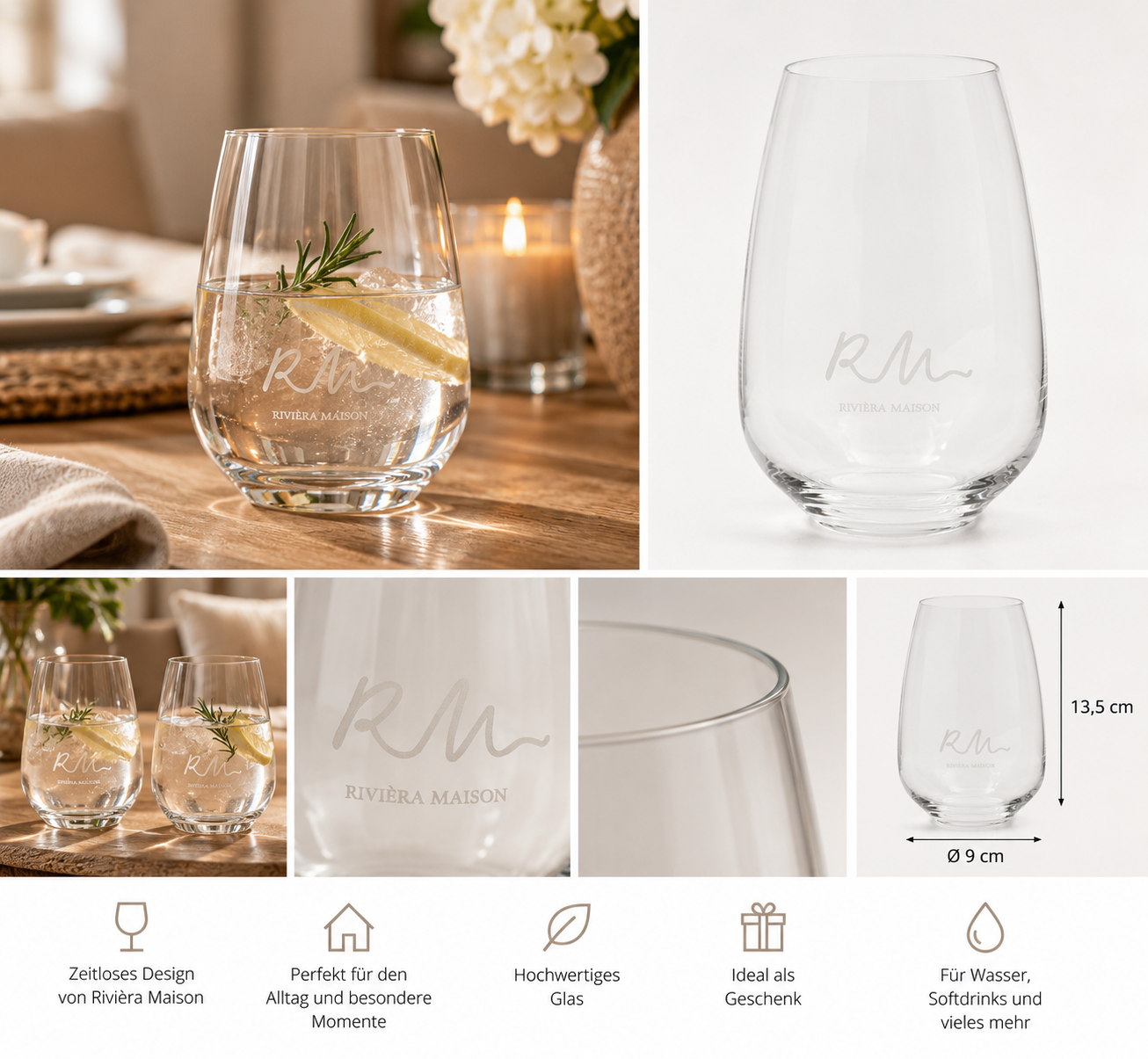Rivièra Maison Wasserglas mit RM-Logo – 13,5 cm