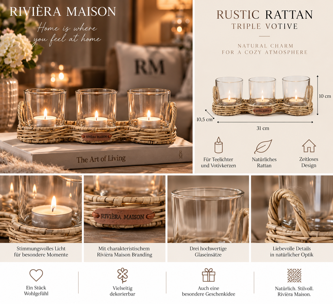 Rivièra Maison Rustic Rattan Triple Votive – 3-fach Windlicht