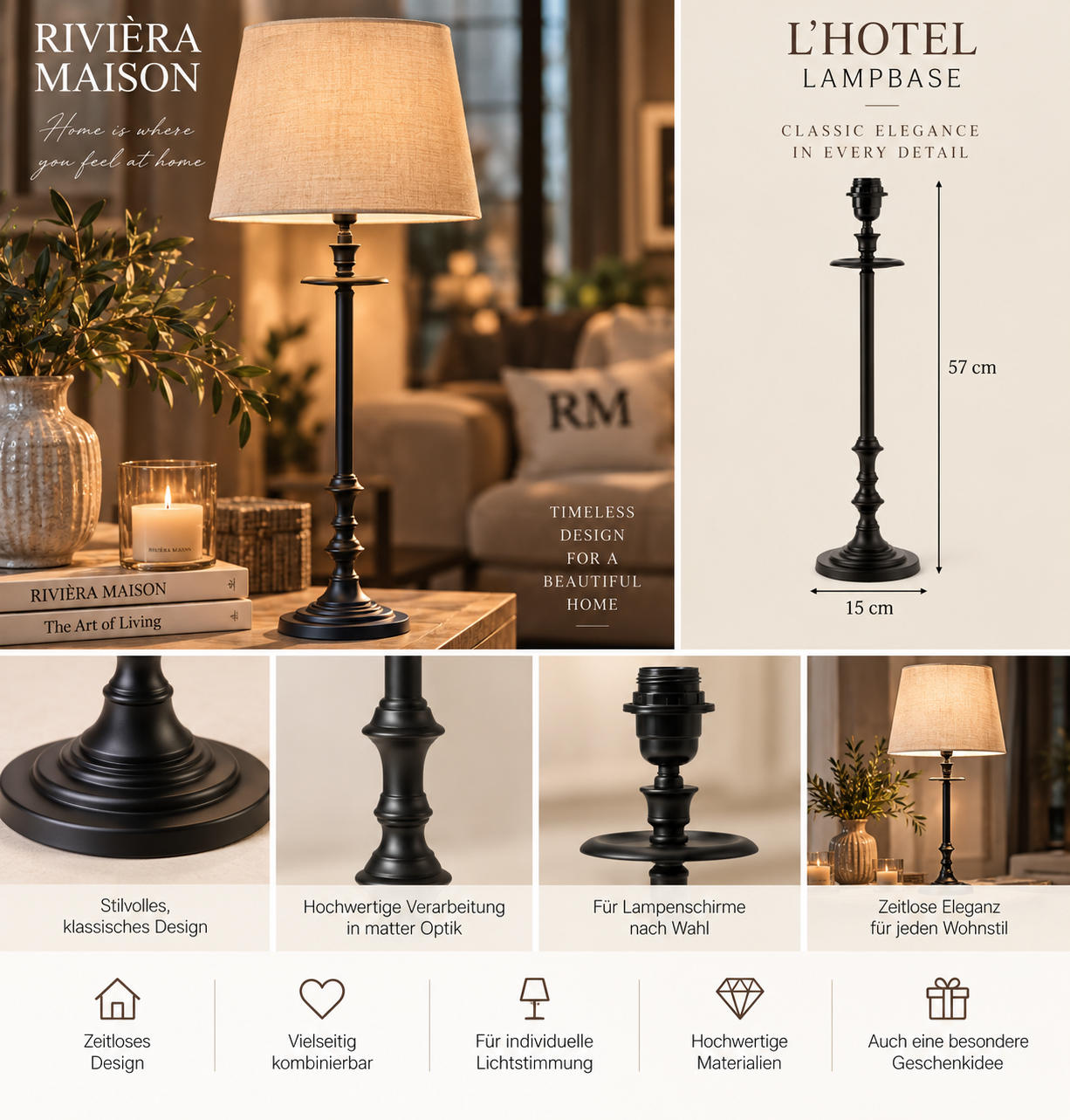 Rivièra Maison Lampbase L’Hotel – Lampenfuß Matt Schwarz 57 cm