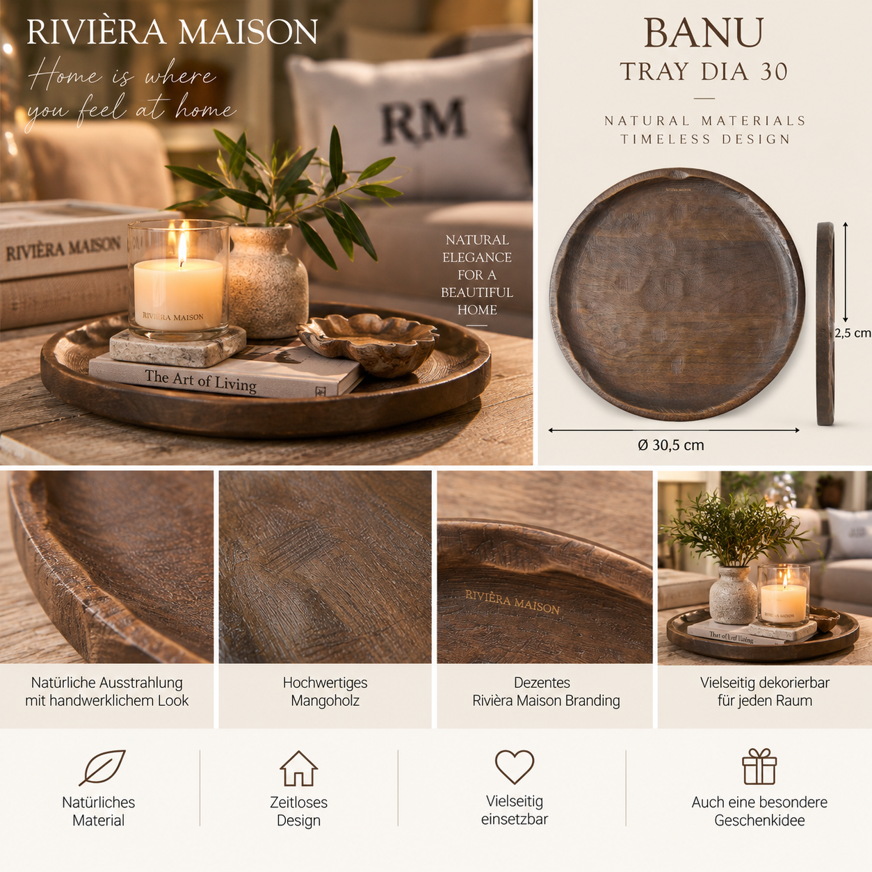 Rivièra Maison Banu Tray Dia 30 – Mangoholz Tablett