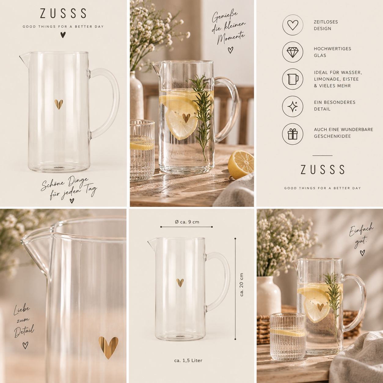 ZUSSS Glaskanne mit goldenem Herz