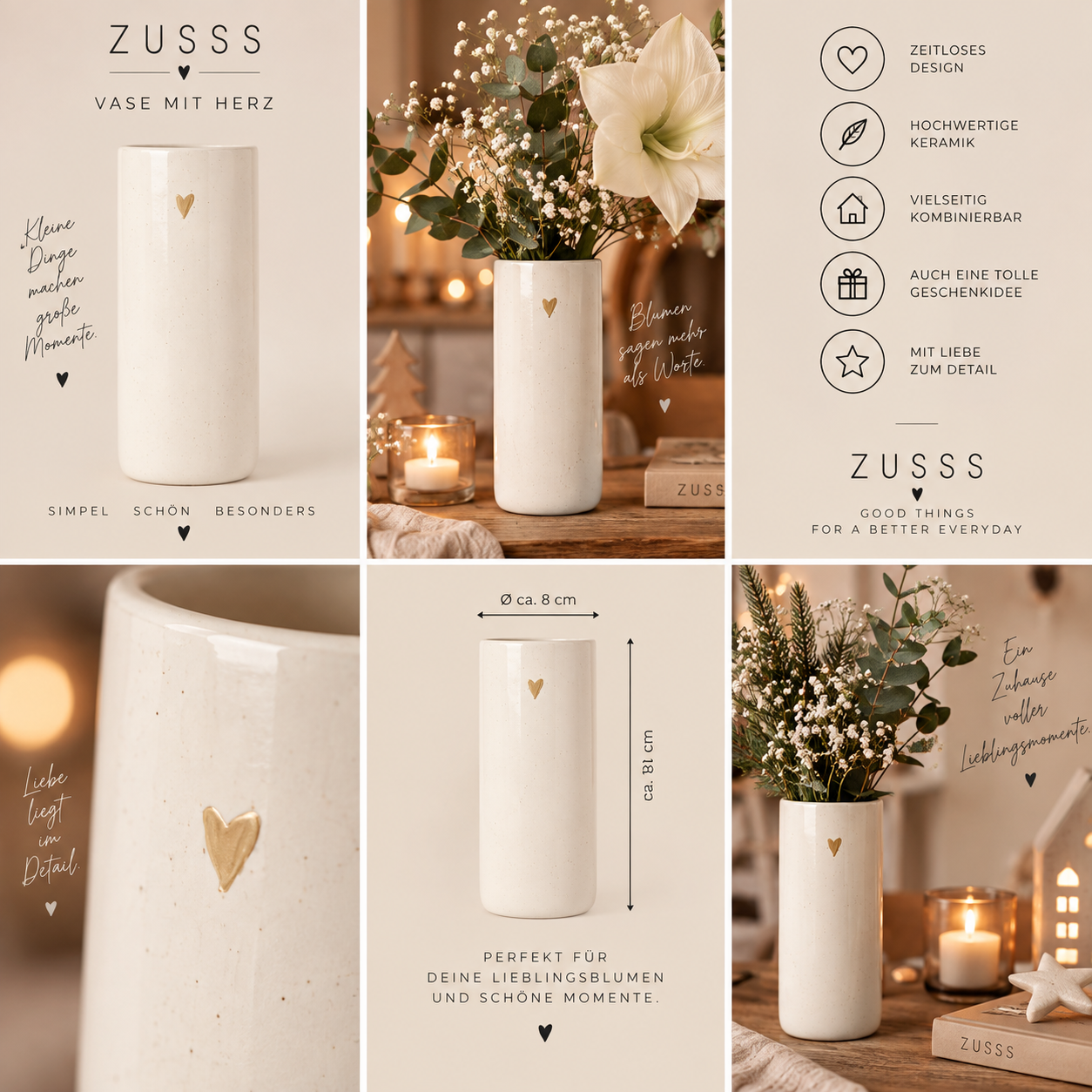 ZUSSS Keramikvase mit goldfarbenem Herz