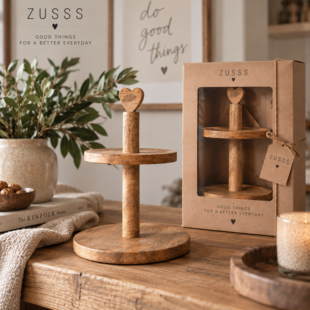 ZUSSS Holz-Etagere mit Herz – 2-stöckig in Geschenkverpackung