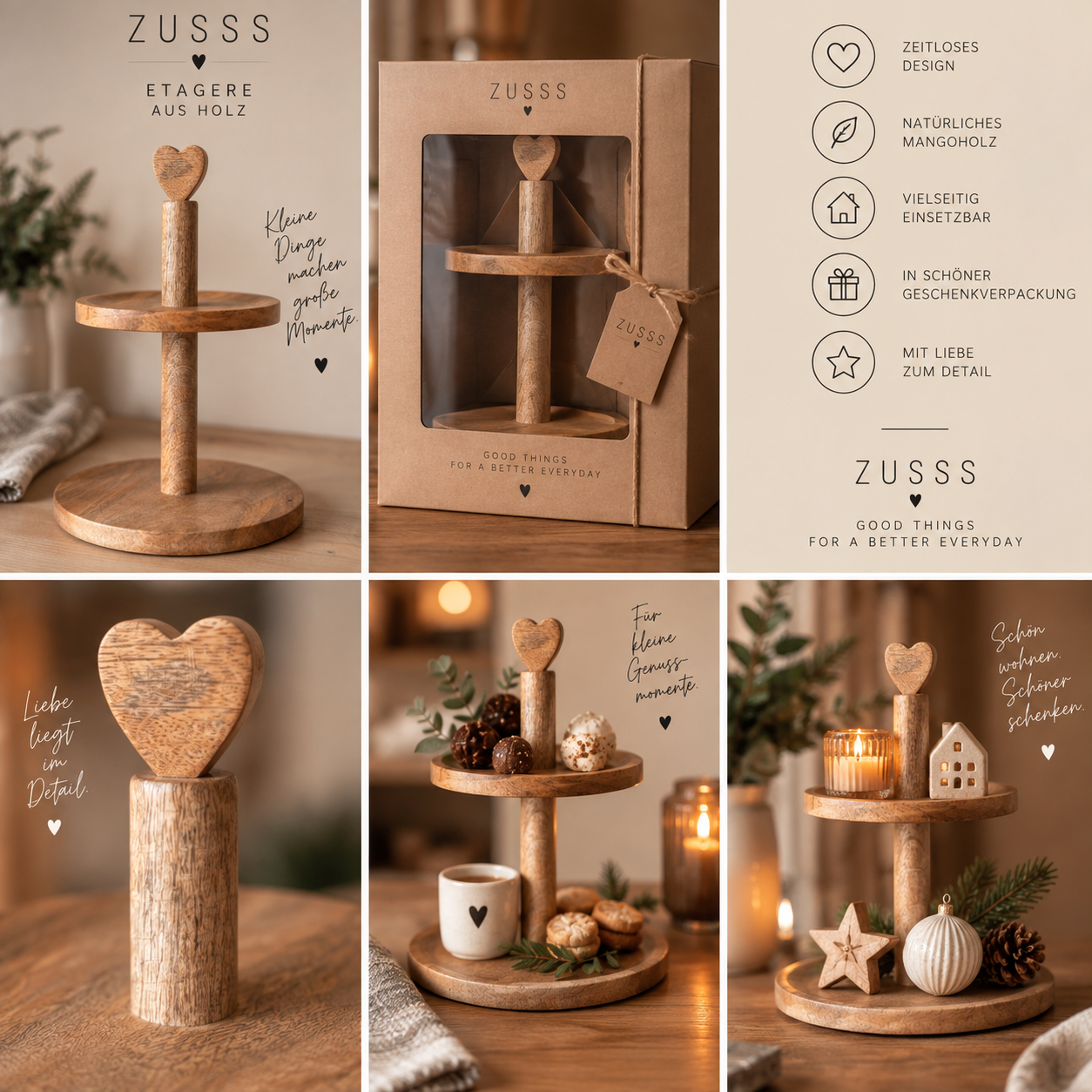 ZUSSS Holz-Etagere mit Herz – 2-stöckig in Geschenkverpackung