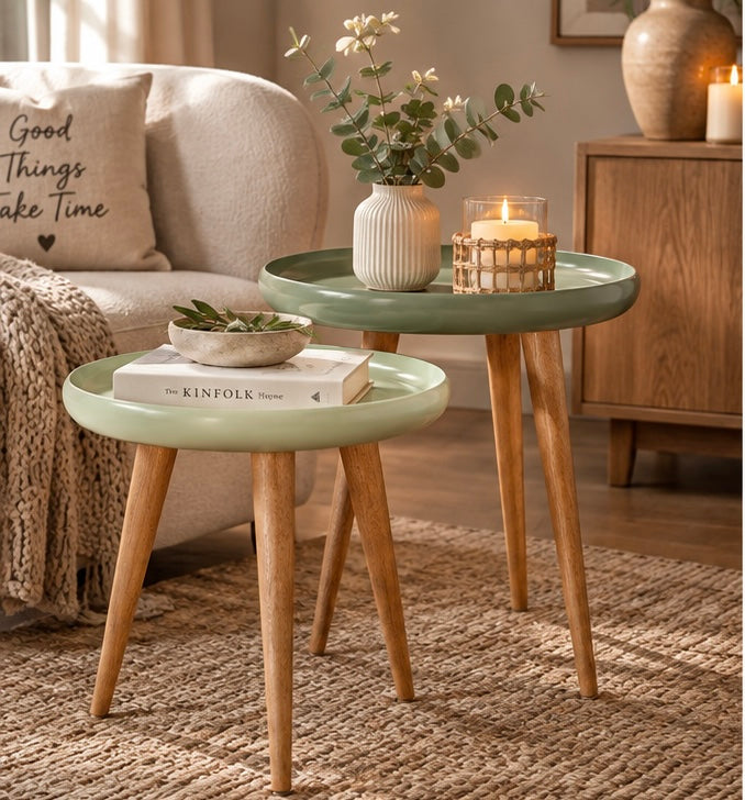 Boltze Home 2er Beistelltisch-Set – Grün mit Holzbeinen