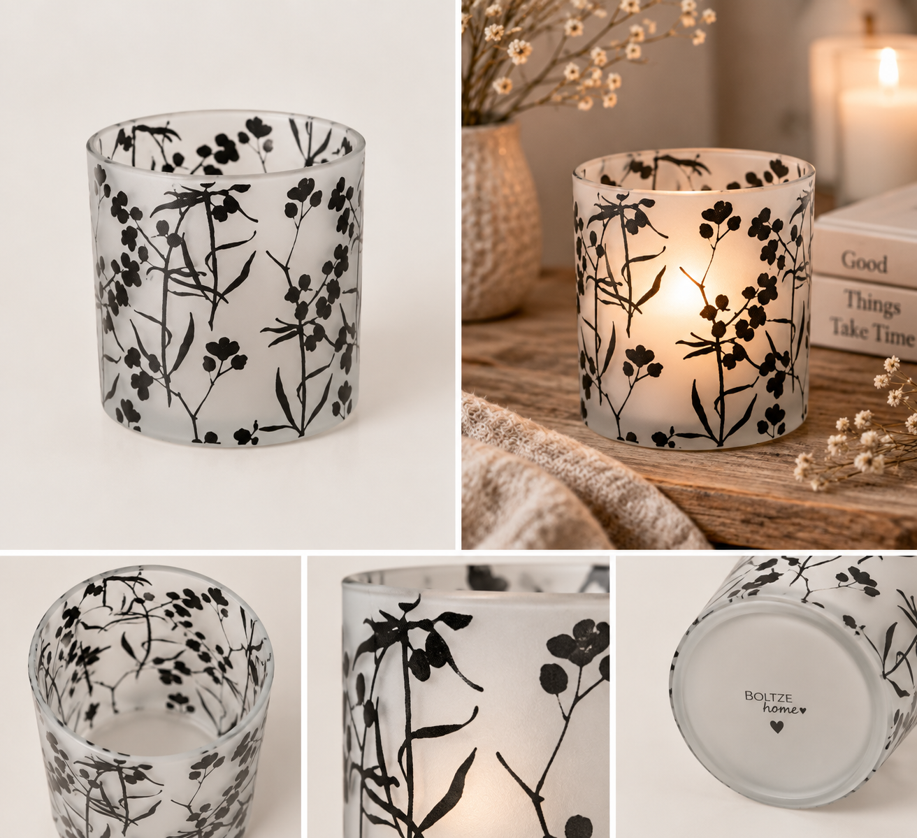 Boltze Home Windlicht mit floralem Design – Schwarz/Weiß