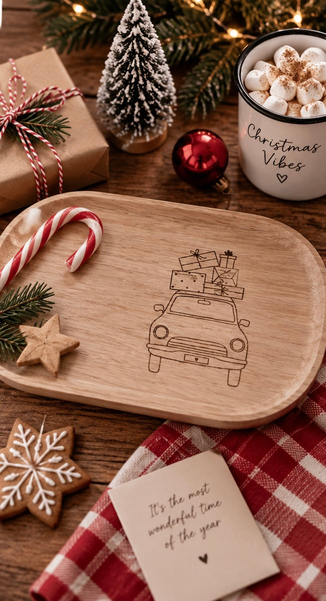 Eulenschnitt kleines Eichentablett „Driving Home for Christmas“