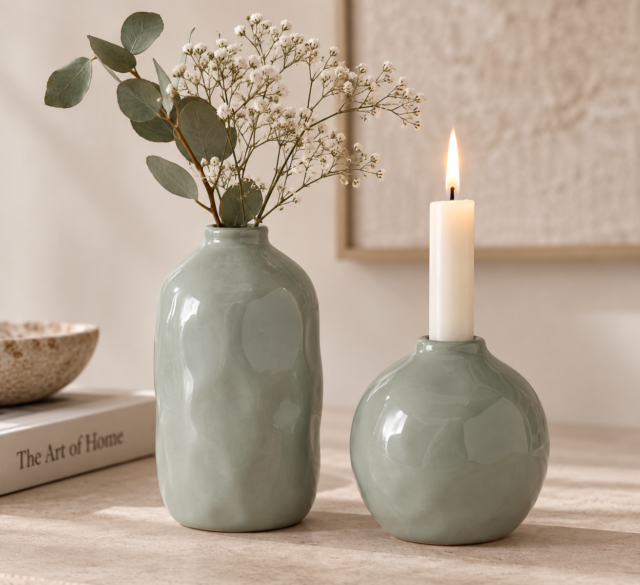 Boltze Home Deko-Set Vase & Kerzenhalter – Salbeigrün, 2-teilig