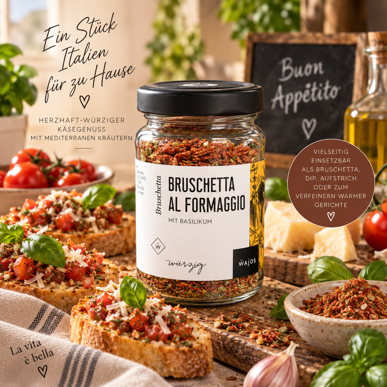 Wajos Bruschetta al Formaggio – mit Basilikum
