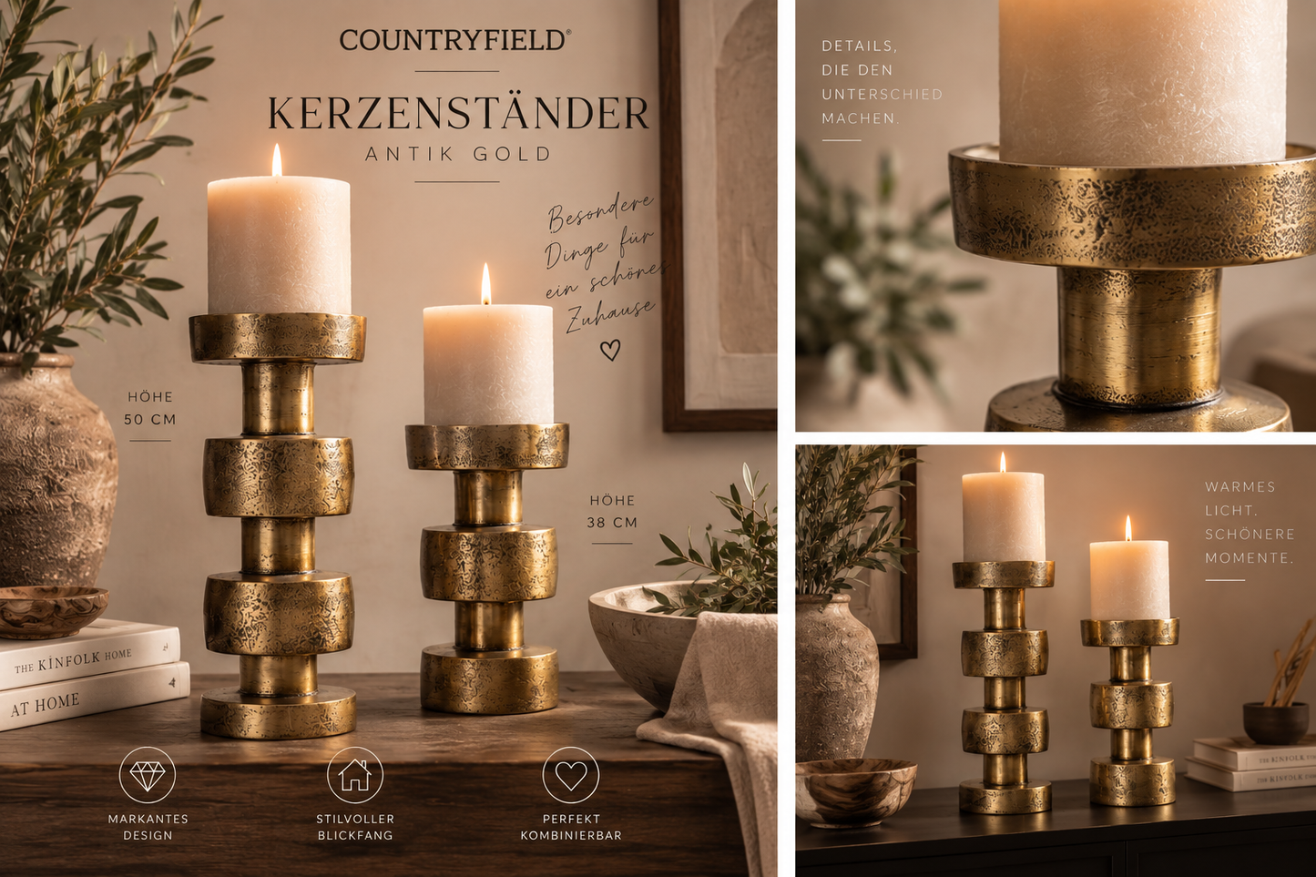 Countryfield Kerzenständer Antik Gold – 38 / 50 cm