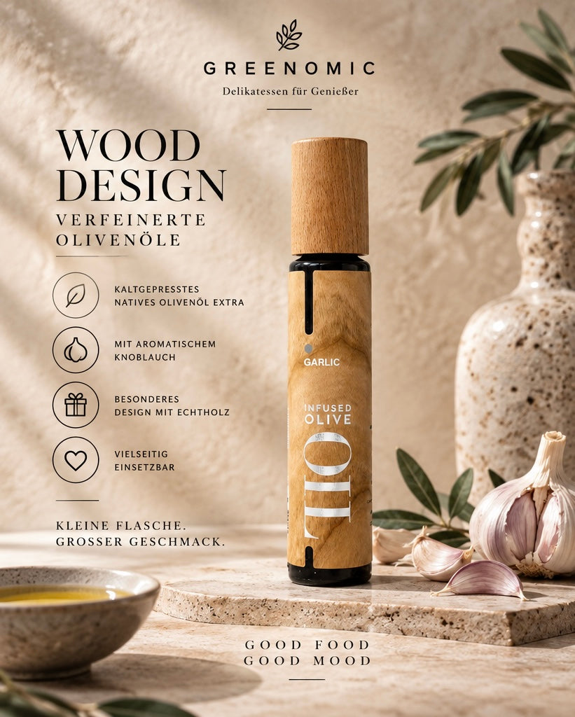 Greenomic Wood Design Olivenöl Garlic – 250 ml 🧄