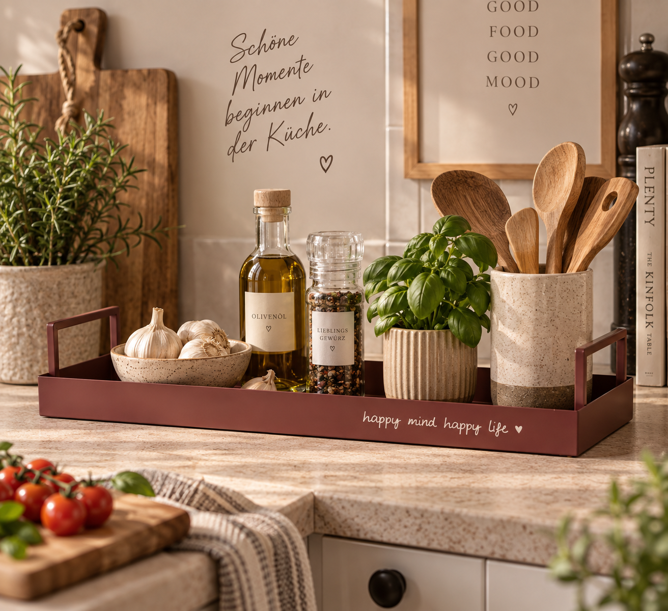 Boltze Home Metalltablett „Happy Mind Happy Life“ – Bordeaux
