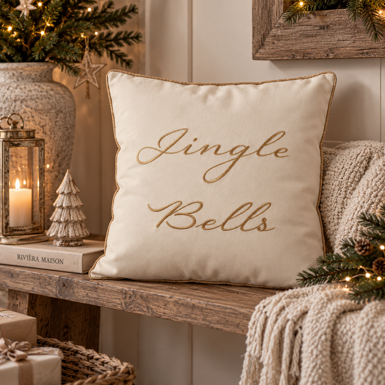 Riviera Maison Kissenbezug Jingle Bells – Creme