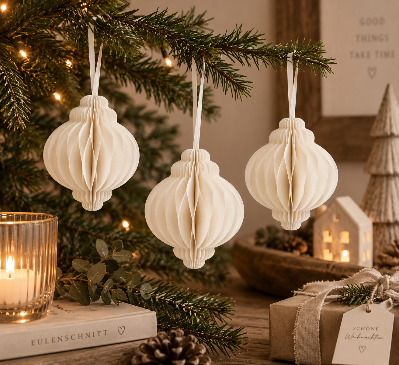Eulenschnitt Papieranhänger Weihnachtskugel – 3er-Set | Natur