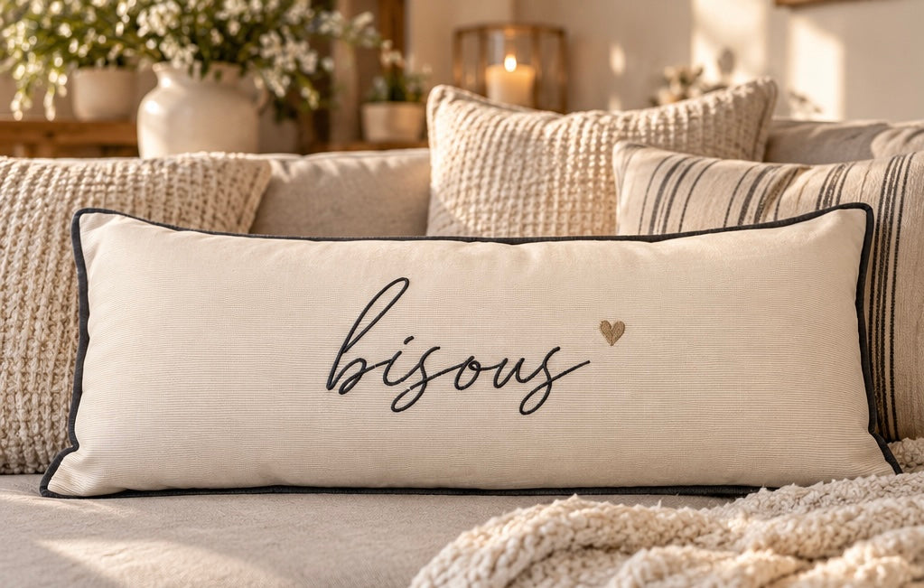 Bastion Collections Dekokissen Bisous gestreift 70 × 30 cm – Creme