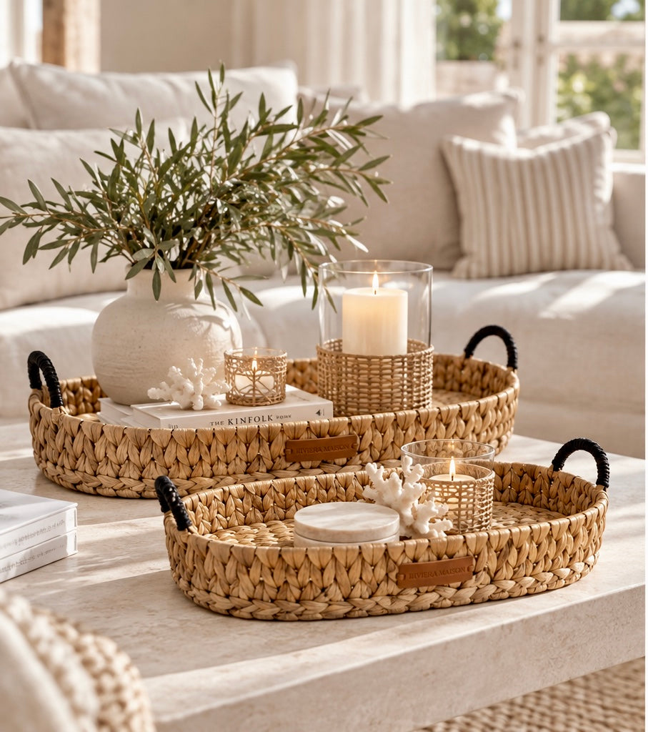 Riviera Maison Rattan-Tablett mit schwarzen Griffen – 2 Größen