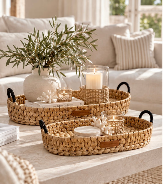 Riviera Maison Rattan-Tablett mit schwarzen Griffen – 2 Größen