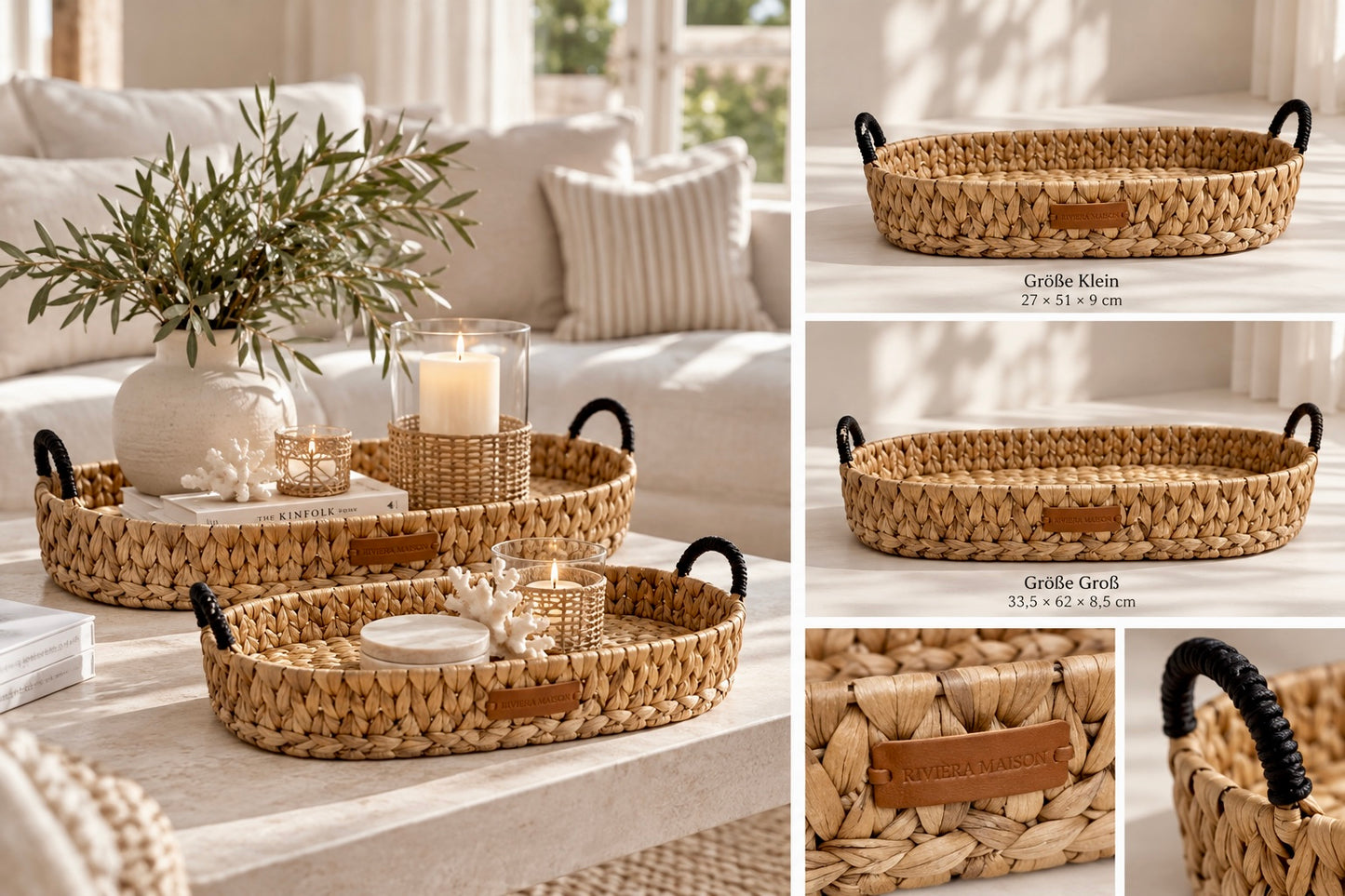 Riviera Maison Rattan-Tablett mit schwarzen Griffen – 2 Größen
