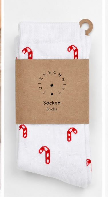 Eulenschnitt Socken Zuckerstangen – Weihnachtssocken Weiß mit Rot