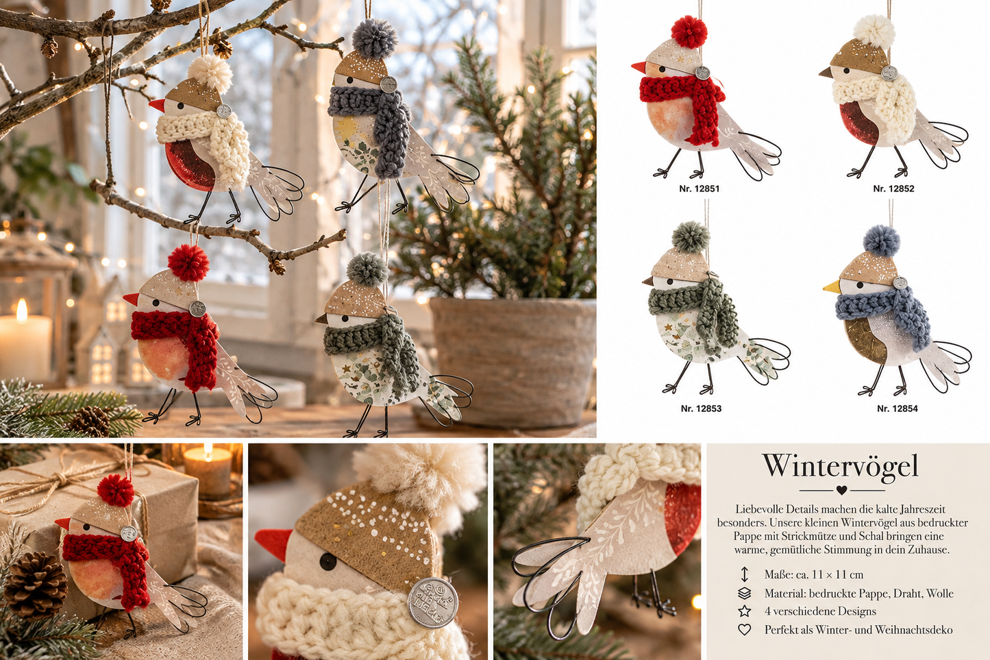 Good Old Friends Wintervögel mit Mütze & Schal – Weihnachtsanhänger in 4 Varianten