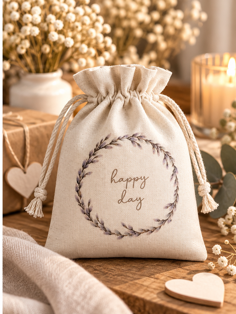 Geschenkbeutel „Happy Day“ aus Baumwolle 21 × 16 cm | Boltze Home
